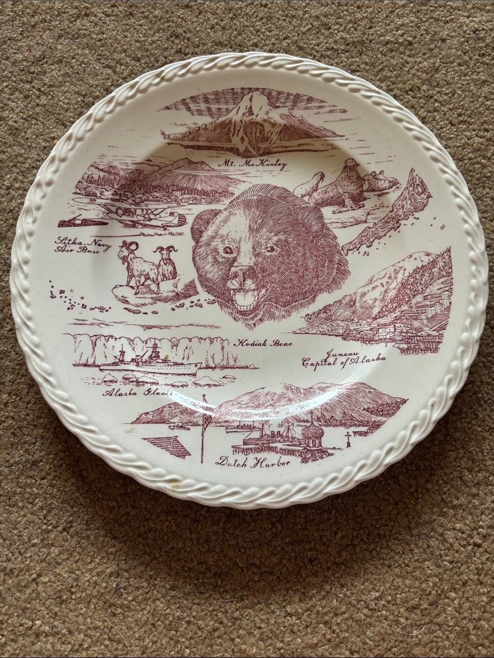 Alaska Motif White Ceramic Decorative Plate in Maroon